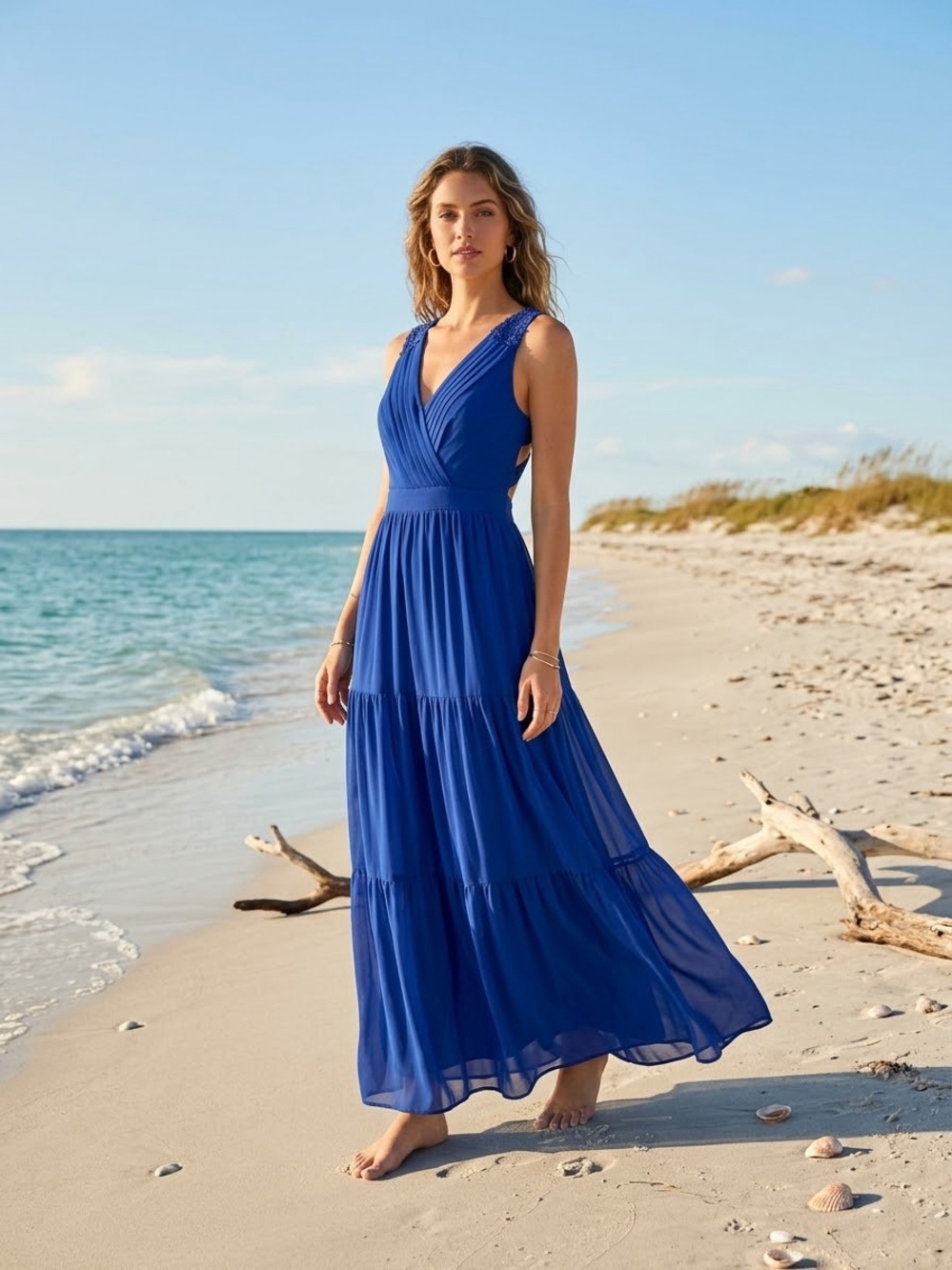Charming Charlie Royal Blue V-Neck Tiered Maxi Dress